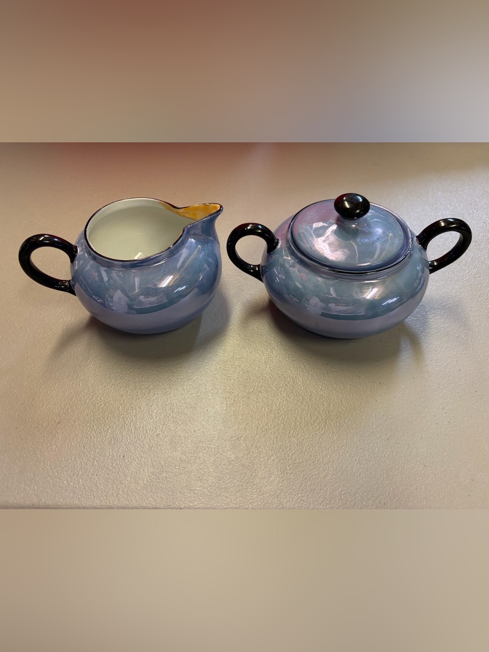 Vintage RW Bavaria Iridescent Blue Ceramic Lusterware Sugar Bowl  & Creamer Set